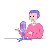 contento podcaster uomo personaggio parlando con il pubblico. professionale podcaster su il aria. isolato vettore piatto illustrazione su bianca sfondo