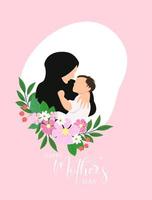 musulmano madre e figlio con fiori. contento madri giorno isolato su bianca sfondo - vettore illustrazione