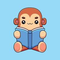 carino scimmia lettura libro cartone animato portafortuna scarabocchio arte mano disegnato concetto vettore kawaii icona illustrazione