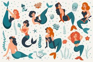 carino sirene nel retrò ragazza copertina stile. collezione di Vintage ▾ donne personaggi. subacqueo mondo vettore illustrazione