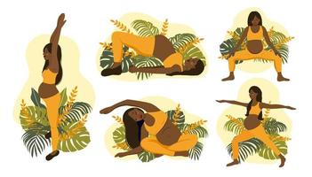 africano donna e natura elementi. yoga incinta donne concetto. relax, meditazione per il in attesa madre. vettore illustrazione