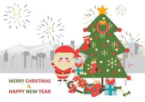 cartone animato carino Santa Claus con Natale abete albero e i regali vettore