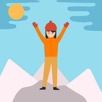 un' contento ragazza scalatore su superiore di un' scogliera. vettore isolato illustrazione per sito web design di alpinismo o viaggio