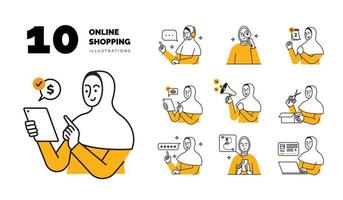 semplice moderno in linea shopping donne con hijab illustrazione impostato vettore