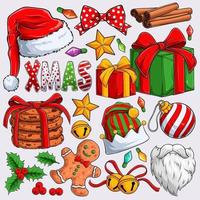 colorato Natale elementi impostato Santa Claus barba, elfo cappello, biscotti, i regali, Pan di zenzero uomo e Di Più vettore