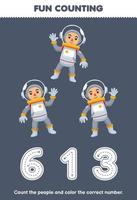 formazione scolastica gioco per bambini contare il immagini e colore il corretta numero a partire dal carino cartone animato astronauta stampabile professione foglio di lavoro vettore