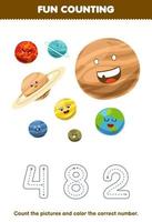 formazione scolastica gioco per bambini contare il immagini e colore il corretta numero a partire dal carino cartone animato pianeti stampabile solare sistema foglio di lavoro vettore