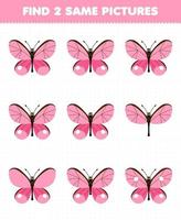 formazione scolastica gioco per bambini trova Due stesso immagini di carino cartone animato rosa farfalla stampabile insetto foglio di lavoro vettore
