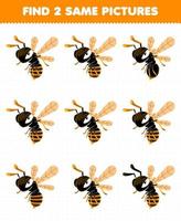 formazione scolastica gioco per bambini trova Due stesso immagini di carino cartone animato ape vespa stampabile insetto foglio di lavoro vettore