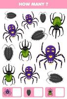 formazione scolastica gioco per bambini ricerca e conteggio Come molti oggetti di carino cartone animato ragno pidocchio scarafaggio stampabile insetto foglio di lavoro vettore