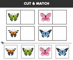 formazione scolastica gioco per bambini tagliare e incontro il stesso immagine di carino cartone animato farfalla stampabile insetto foglio di lavoro vettore