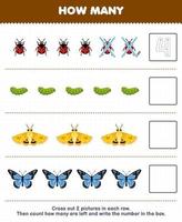 formazione scolastica gioco per bambini contare Come molti carino cartone animato coccinella bruco falena farfalla e Scrivi il numero nel il scatola stampabile insetto foglio di lavoro vettore