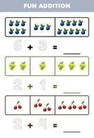 formazione scolastica gioco per bambini divertimento aggiunta di conteggio e tracciato il numero di carino cartone animato mirtillo uva ciliegia stampabile frutta foglio di lavoro vettore