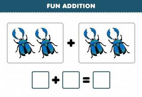 formazione scolastica gioco per bambini divertimento aggiunta di conteggio carino cartone animato cervo scarafaggio immagini stampabile insetto foglio di lavoro vettore