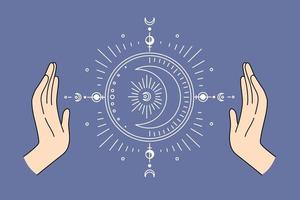 Luna astrologia cartello sistema concetto. umano mani e Luna orientale segni sistema fra loro al di sopra di blu sfondo vettore illustrazione