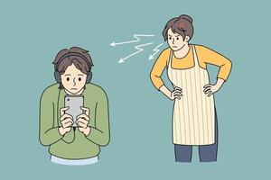 arrabbiato madre sgridare conferenza adolescente figlio su cuffie utilizzando cellulare dispositivo. pazzo furioso mamma giurare adolescenziale ragazzo bambino uso eccessivo smartphone giocare in linea. sociale media dipendenza. vettore illustrazione.