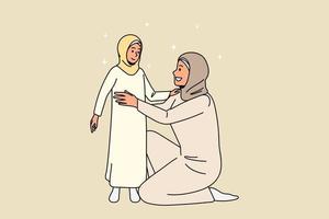 cura musulmano madre nel tradizionale Abiti abbraccio coccolare piccolo islamico ragazzo mostrare amore e sostegno. contento musulmano mamma abbraccio poco Islam bambino. cultura, religione concetto. vettore illustrazione.