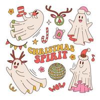 impostato di retrò 70s 60s hippie Groovy Natale spirito fantasma personaggi isolato su bianca. natale bianca foglio spettro nel Santa cappello, cervo corna Stampa per maglietta design. vettore contorno illustrazione.