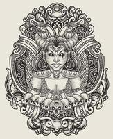 illustrazione demone ragazza con cranio antico incisione stile Perfetto per maglietta, felpa, giacca, manifesto vettore