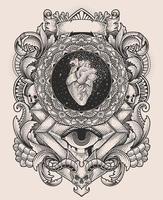 illustrazione antico cuore con Vintage ▾ incisione ornamento vettore