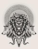 illustrazione testa di leone e lupo con teschio di capra vettore