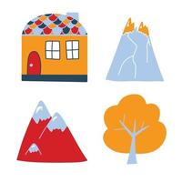 vettore impostato con carino colorato case, montagne e alberi nel scarabocchio stile. norvegese case, montagna picchi. carino illustrazioni per cartoline, manifesti, tessuti, design