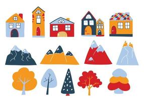 vettore impostato con carino colorato case, montagne e alberi nel scarabocchio stile. norvegese case, montagna picchi. carino illustrazioni per cartoline, manifesti, tessuti, design