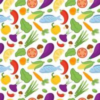 vegetariano, frutta e verdure senza soluzione di continuità modello design con fresco, biologico e naturale cibo nel mano disegnato piatto cartone animato sfondo illustrazione vettore
