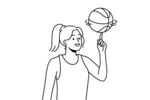 sorridente giovane donna atleta rotazione palla su dito. contento ragazza pallacanestro giocatore giocare con sfera. sport e gioco attività. vettore illustrazione.