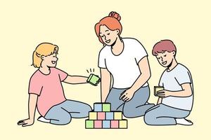 cura giovane madre giocare con bambini a casa. amorevole mamma impegnato nel gioco con colorato blocchi con bambini su tempo libero fine settimana. vettore illustrazione.