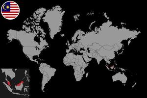 mappa pin con bandiera malesia sulla mappa del mondo. illustrazione vettoriale. vettore