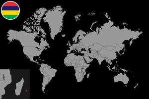 mappa pin con bandiera mauritius sulla mappa del mondo. illustrazione vettoriale. vettore