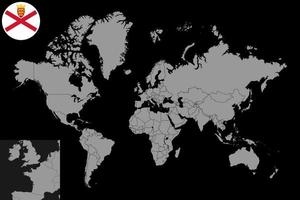 mappa pin con bandiera jersey sulla mappa del mondo. illustrazione vettoriale. vettore