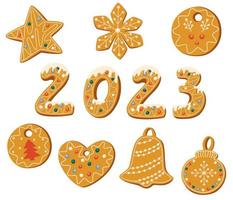 Pan di zenzero biscotti impostare. Natale dolci collezione. inverno fatti in casa dolci nel il forma di un' campana, fiocco di neve, pupazzo di neve, cuore, stella. mano disegnato vettore illustrazioni isolato su il bianca sfondo.