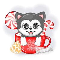 carino alaskan malamute cane nel un' ciotola di dolci, Natale o nuovo anno vettore illustrazione