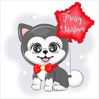 carino cane alaskan malamute con un' Palloncino Natale o nuovo anno vettore illustrazione