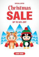 Natale vendita manifesto con divertente bambini nel Natale costumi tigre e pinguino. Natale vendita bandiera design con 50 sconto vettore