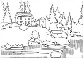 case tra il alberi In piedi su il banche di il fiume. colorazione libro. anti stress per bambini e adulti. vettore