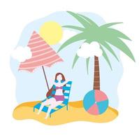 donna in spiaggia sulla sedia con ombrellone e palla vettore