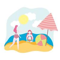 donna e ragazza con ombrellone e palla in spiaggia vettore