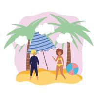 uomo e donna con ombrellone e palla in spiaggia vettore