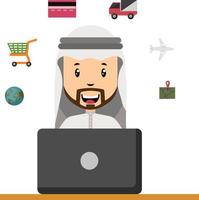 arabo con computer portatile, illustrazione, vettore su bianca sfondo.