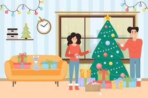 Natale camera interno con amore coppia. famiglia Natale casa celebrazione. Natale albero, regalo scatole, divano, gatto e decorazione. vettore
