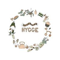 hygge. poltrona, il camino, caldo Abiti, caldo bevande, un' torta, autunno le foglie e altro cose nel il forma di un' cerchio. piatto vettore illustrazione nel scarabocchio stile.