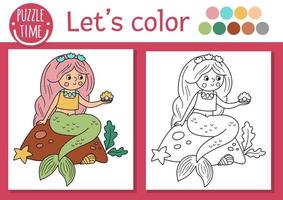 Magia regno colorazione pagina per bambini con sirena. vettore fiaba schema illustrazione con carino fantasia mare Principessa. colore libro per bambini, colorato esempio. disegno abilità stampabile foglio di lavoro