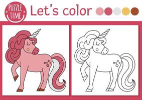 Magia regno colorazione pagina per bambini con unicorno. vettore fiaba schema illustrazione con carino fantasia creatura. colore libro per bambini con colorato esempio. disegno abilità stampabile foglio di lavoro