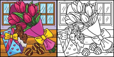 mazzo di fiori e cioccolatini colorazione pagina vettore