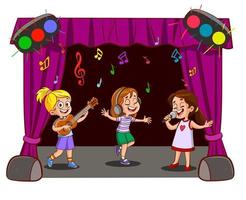 ragazze cantando, danza e giocando chitarra su palcoscenico. vettore illustrazione
