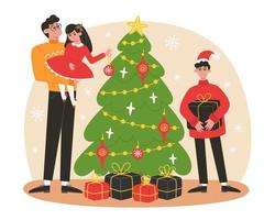 famiglia decorazione il Natale albero illustrazione nel piatto stile vettore