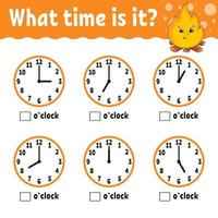 tempo di apprendimento sull'orologio. foglio di lavoro per attività educative per bambini e neonati. gioco per bambini. illustrazione di vettore di colore isolato piatto semplice in stile cartone animato carino.